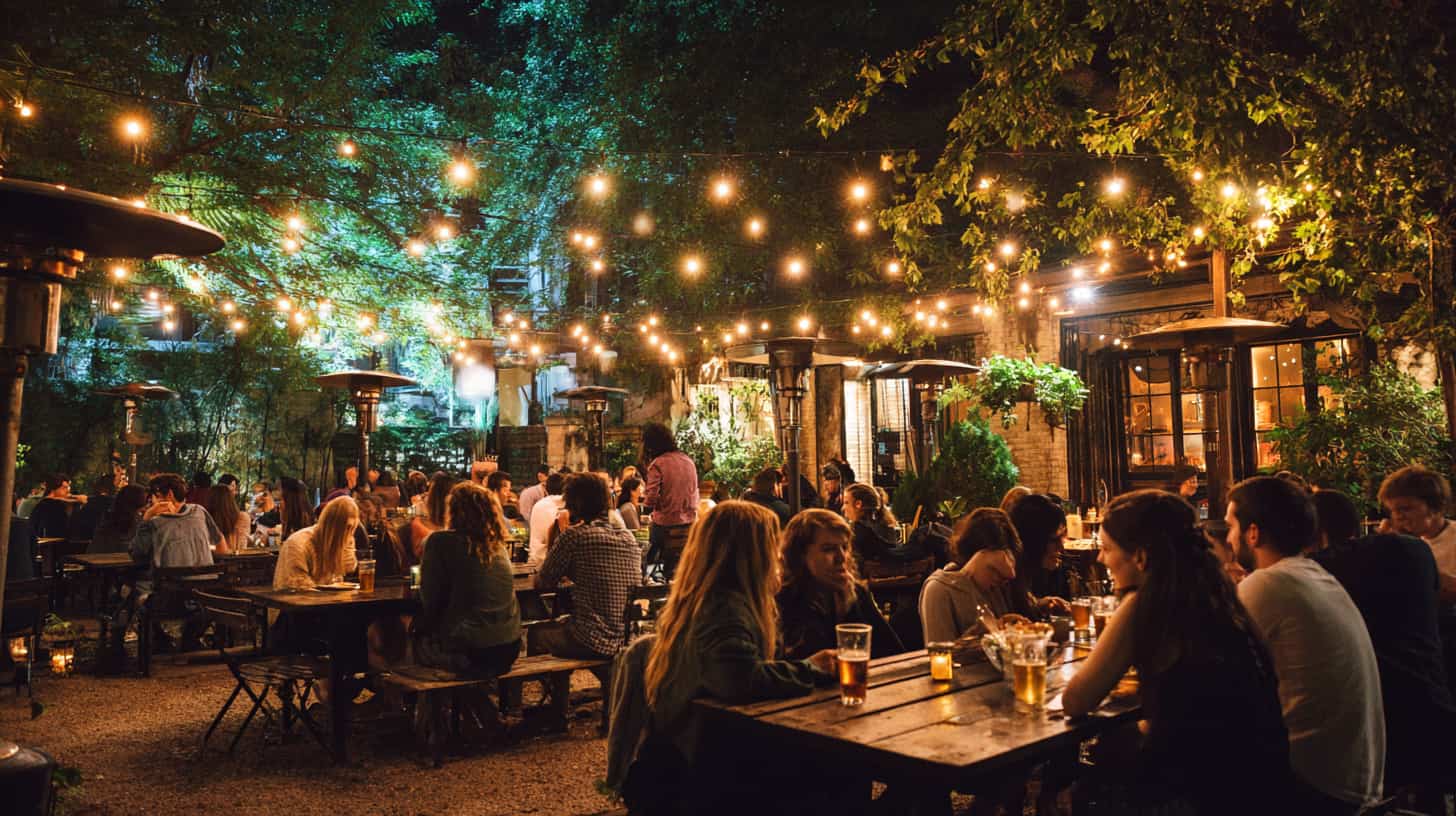 Studenten praten op een sfeervol terras