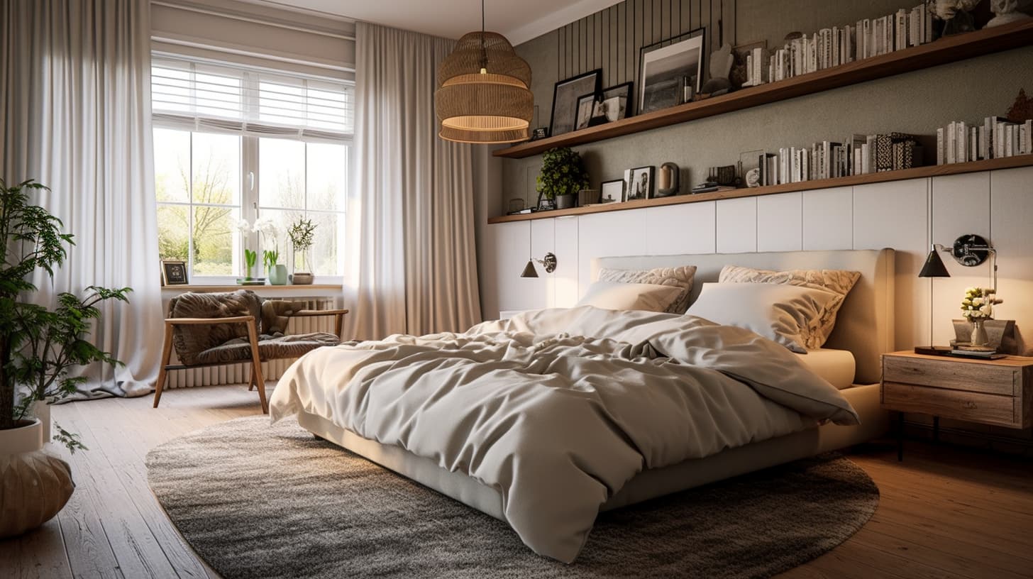 Groot bed in Nederlandse slaapkamer met boeken en foto's aan de muur. Groot bed in Nederlandse slaapkamer met boeken en foto's aan de muur.