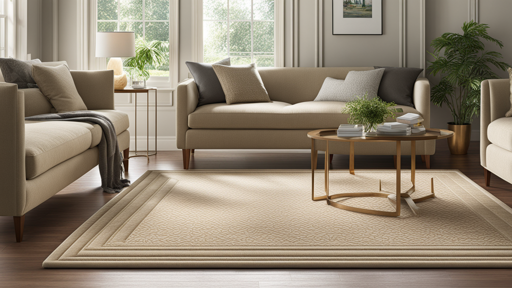 Een beige vloerkleed in de woonkamer van een huurwoning. Een beige vloerkleed in de woonkamer van een huurwoning.