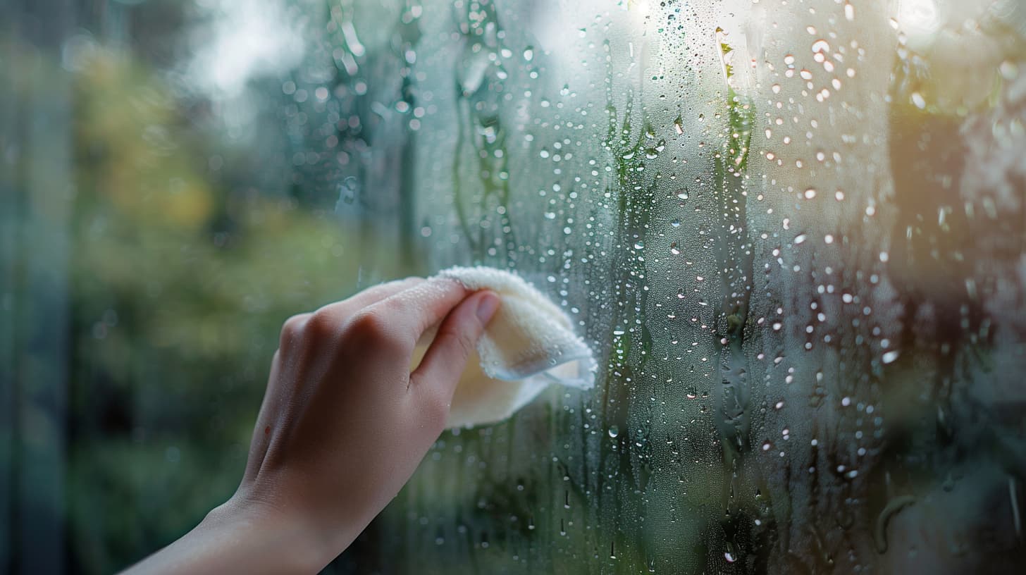 Een hand houdt een doekje vast en veegt een beslagen raam droog. 