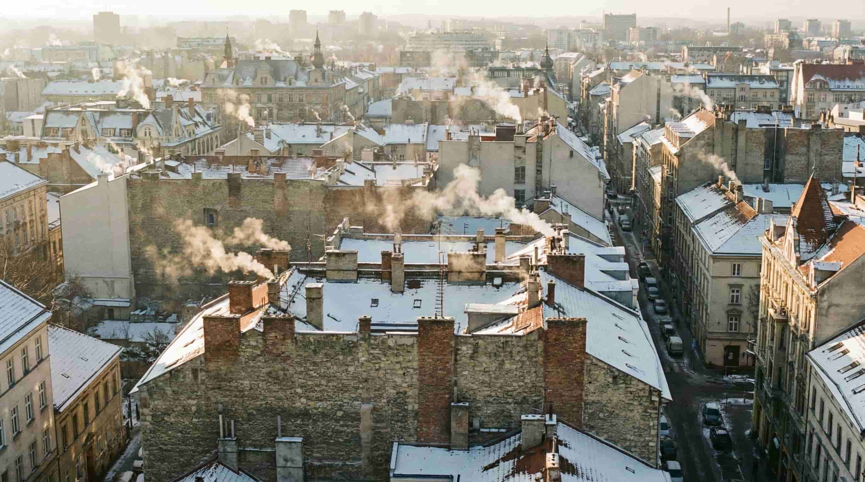 Luchtfoto van een besneeuwde stad met rokende schoorstenen, symbool voor warmteverlies in de winter.
