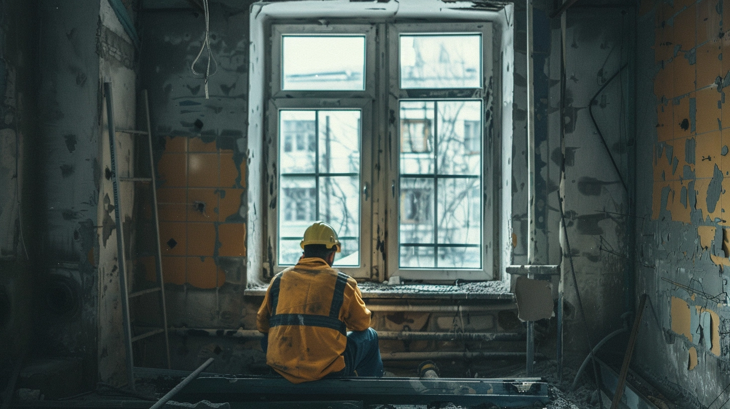 Een bouwvakker zit in een appartement Een bouwvakker zit in een appartement