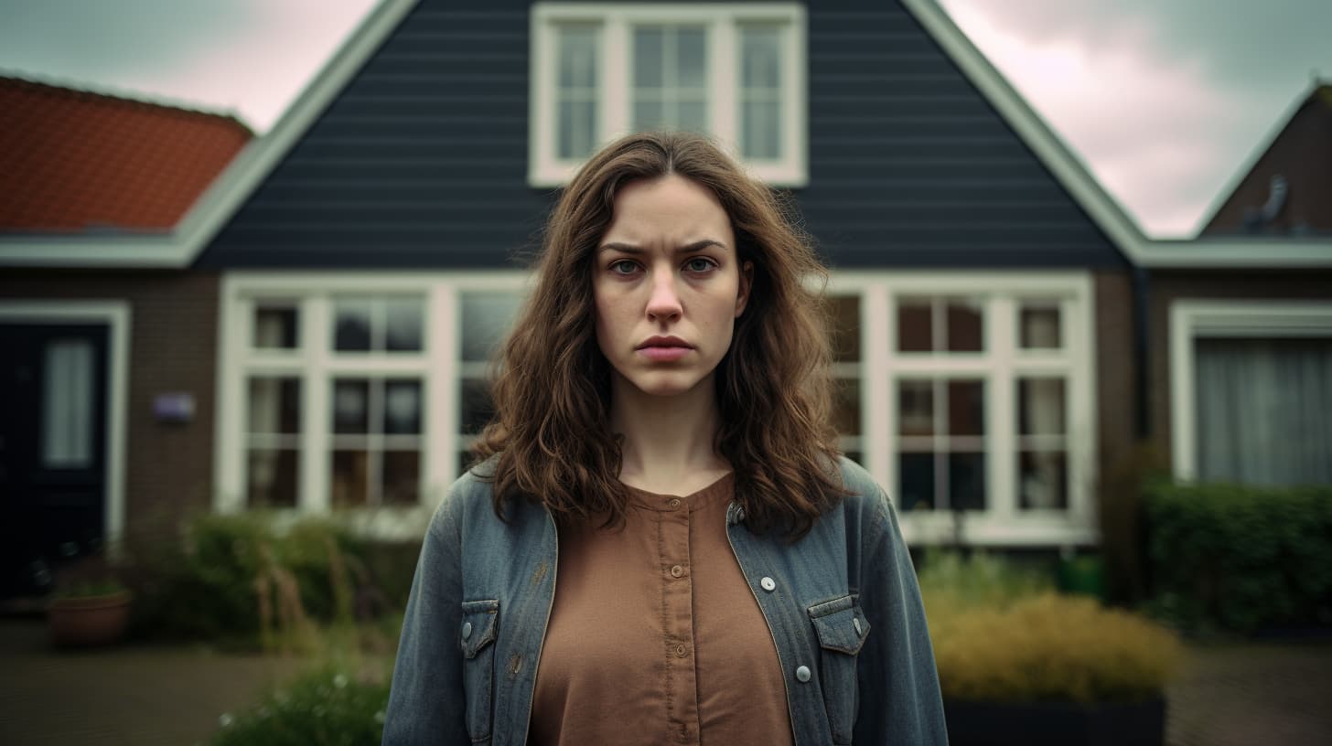 Boze jonge vrouw met bruin haar staat voor een Nederlandse huurwoning Boze jonge vrouw met bruin haar staat voor een Nederlandse huurwoning