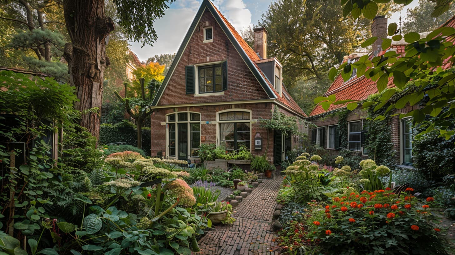 Traditioneel Nederlands huis met rode dakpannen met buitenruimte met planten en bloemen die in bloei staan Traditioneel Nederlands huis met rode dakpannen met buitenruimte met planten en bloemen die in bloei staan