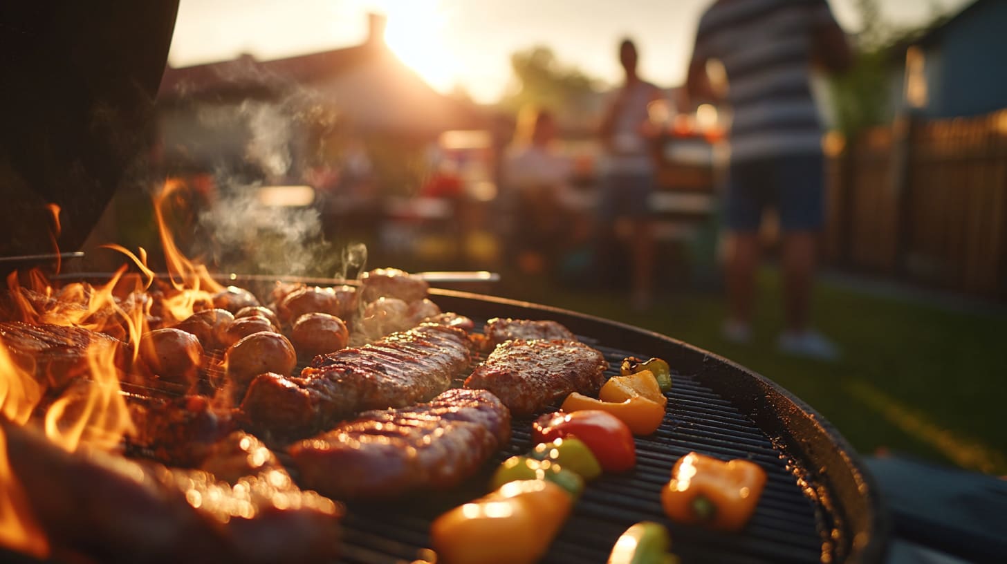Buren grillen vlees en groenten op een barbecue tijdens een gezellige buurtbijeenkomst.