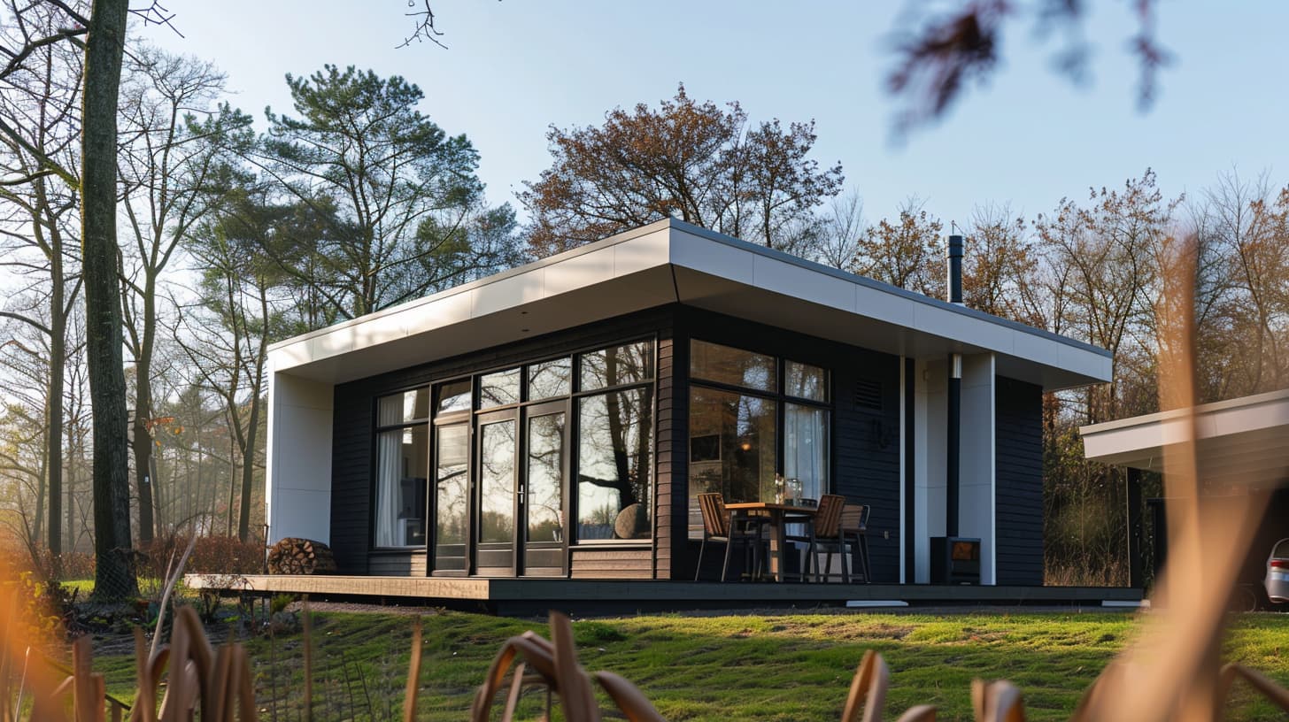 Een modern Nederlandse chalet midden in het bos met bomen op de achtergrond en een strak blauwe lucht.