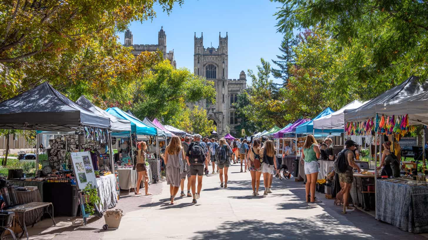 Studenten lopen over een kleurrijke markt