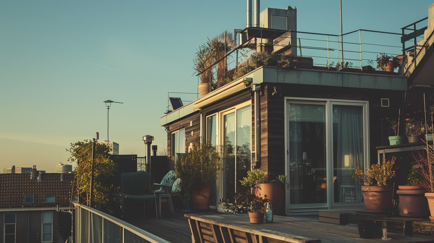 Een dakterras met houten meubels tegen een helder blauwe lucht met ondergaande zon Een dakterras met houten meubels tegen een helder blauwe lucht met ondergaande zon