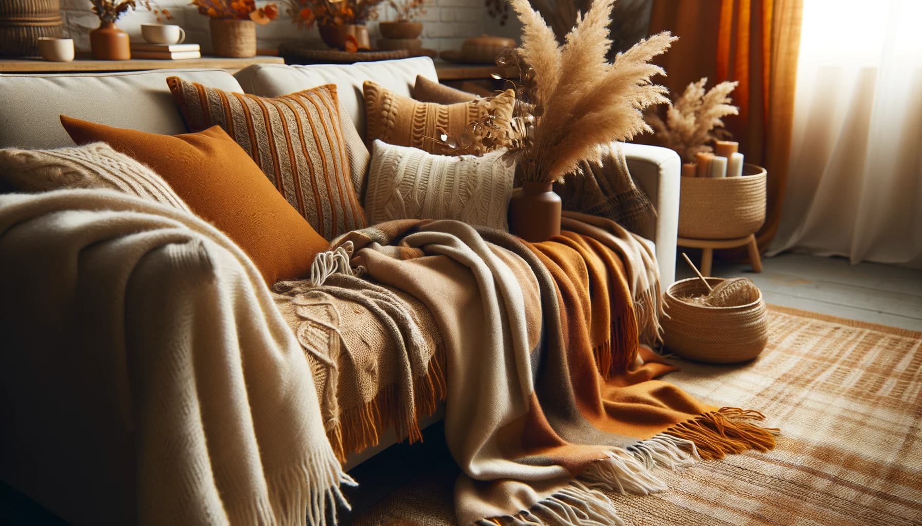 Een sfeervolle woonkamer met dekens en kussentjes in warme kleuren, waaronder aardetinten, bruin en oranje. Een sfeervolle woonkamer met dekens en kussentjes in warme kleuren, waaronder aardetinten, bruin en oranje.