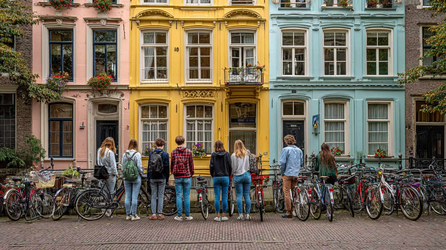 Jongeren wachten buiten een historisch pand aan gracht tijdens drukke woningbezichtiging in zomer.