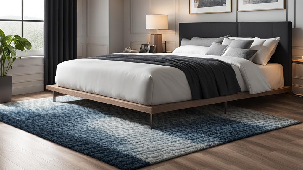 Een vloerkleed in een huurwoning met een gedeeltelijke overlap met het bed. Een vloerkleed in een huurwoning met een gedeeltelijke overlap met het bed.