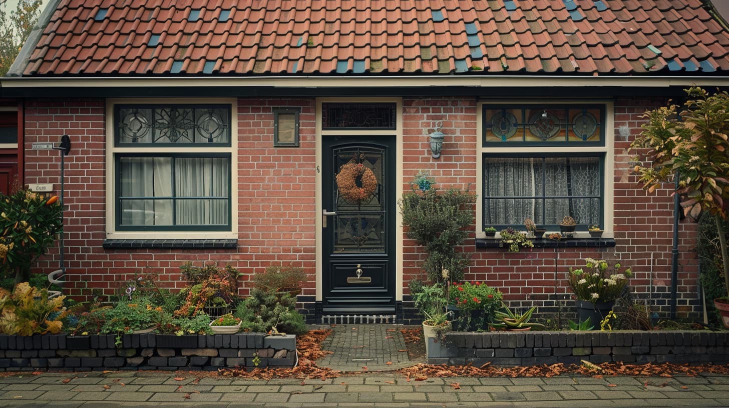 Een Nederlandse gelijkvloerse woning met rode dakpannen en rode stenen.