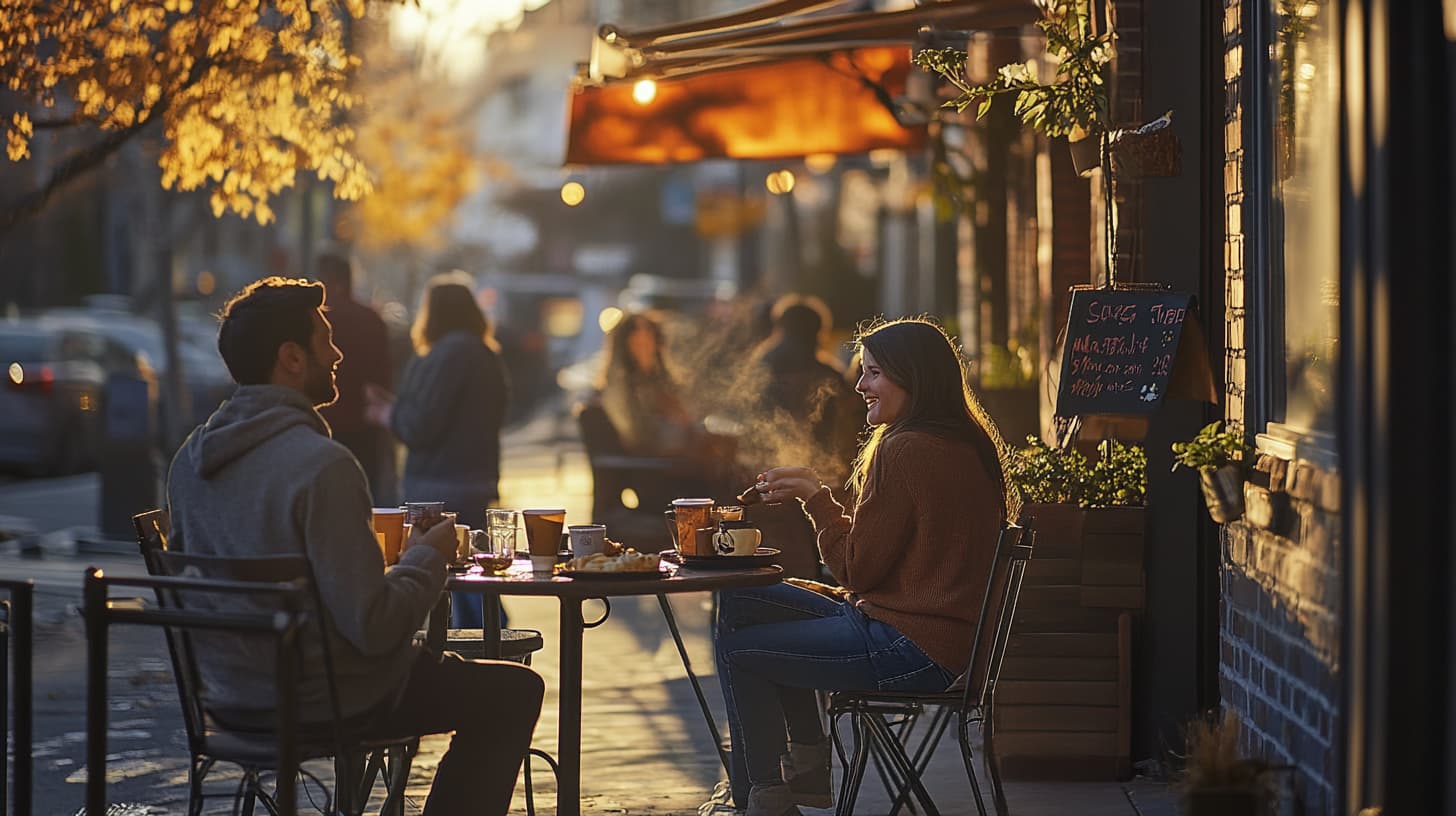Buren drinken koffie en eten taartjes aan buitentafels tijdens Burendag.