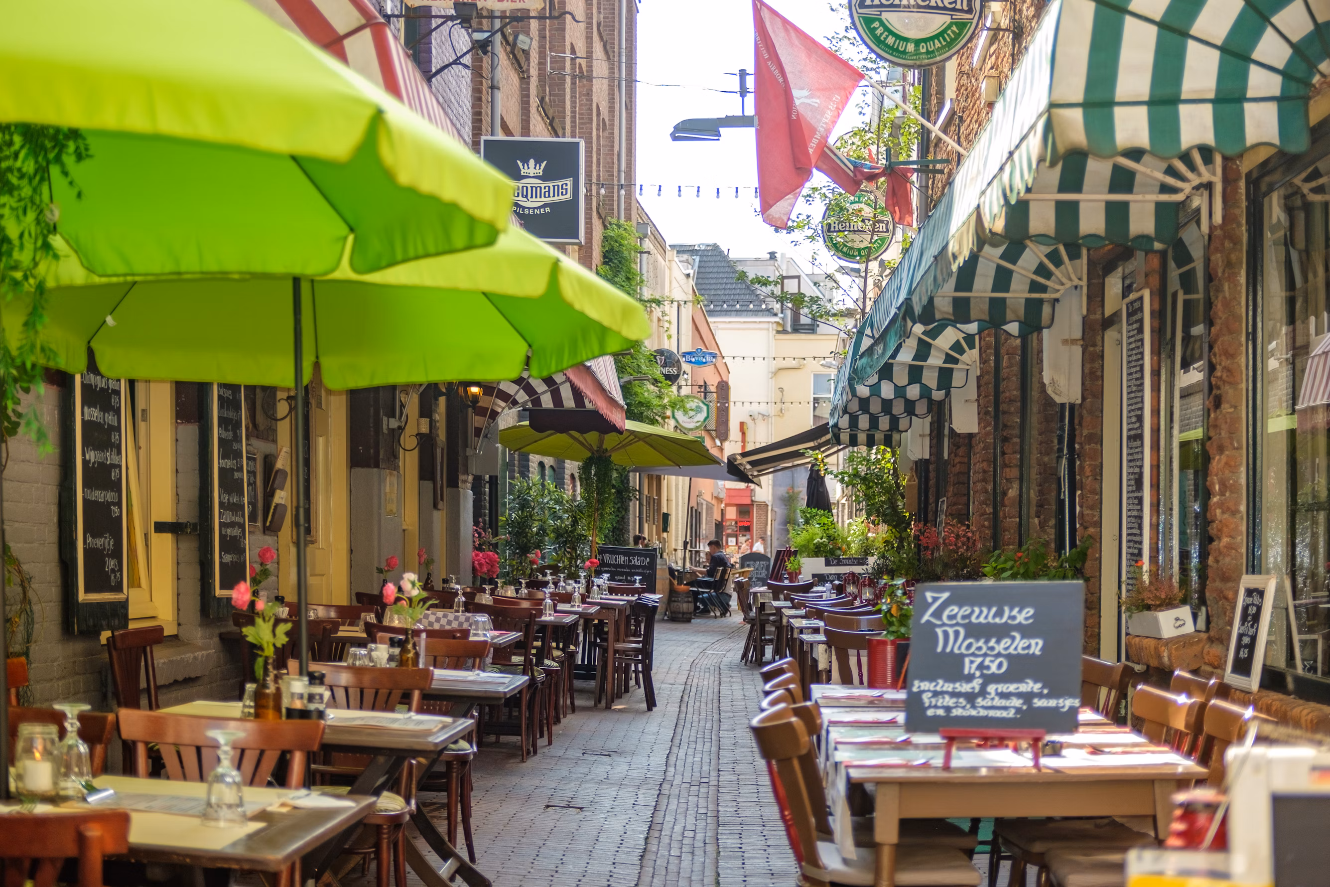 Een gezellige straat in Arnhem, De Duizelsteeg. Met groene parasols en terrasjes. Een gezellige straat in Arnhem, De Duizelsteeg. Met groene parasols en terrasjes.