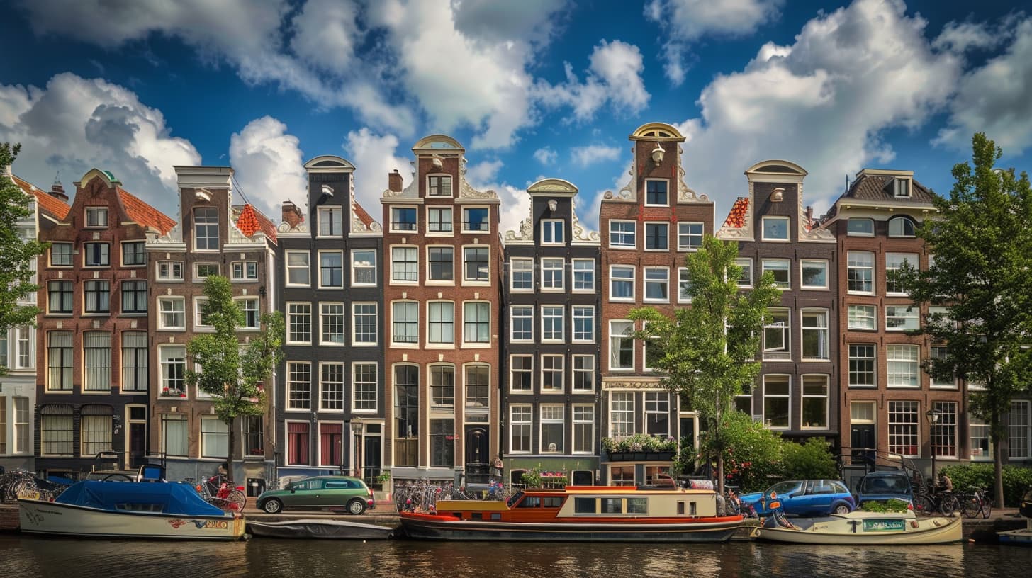 Een rij met grachtenpanden in Amsterdam. Elke grachtenpand heeft een andere kleur en hoogte.