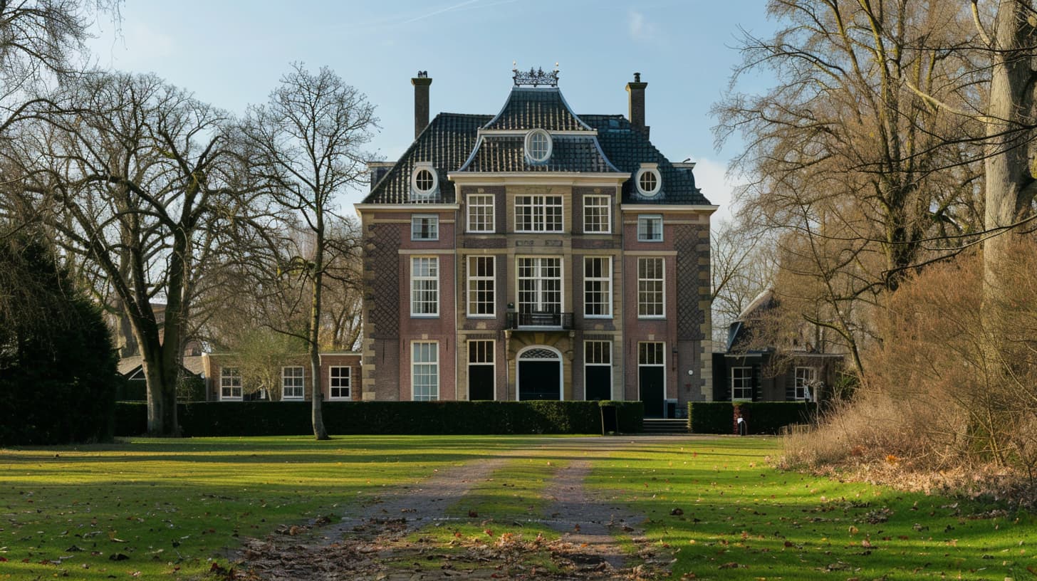 Een statig Herenhuis in Nederland gelegen op een landgoed met bomen aan de zijkant.