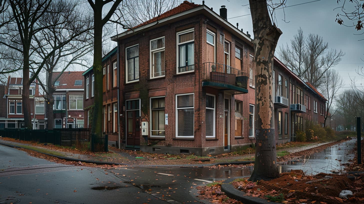 Een hoek woning in een normale Nederlandse straat op een herfstige dag met een grijze lucht.