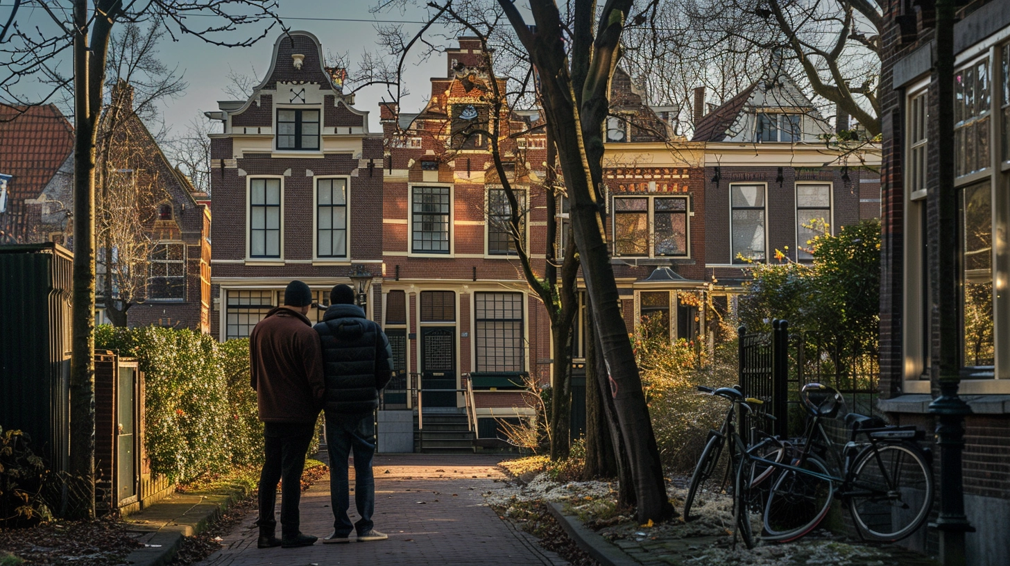 Twee mannen kijken naar een aantal oud Hollandse huurwoningen terwijl de zon ondergaat. Twee mannen kijken naar een aantal oud Hollandse huurwoningen terwijl de zon ondergaat.