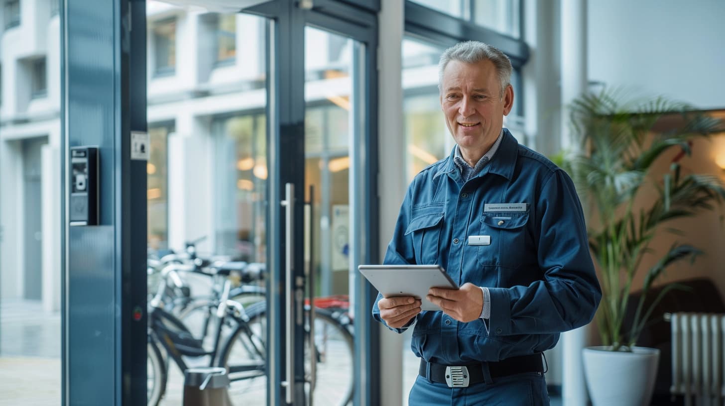 Een huismeester met een tablet Een huismeester met een tablet