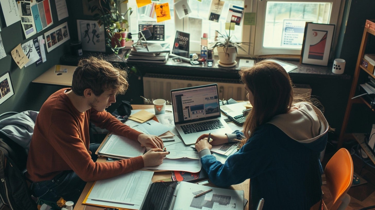 Twee mensen aan tafel met een laptop samen kijken naar huurwoningen