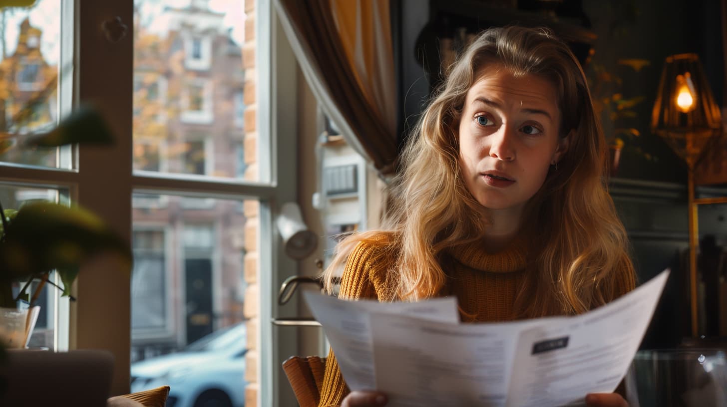 Een jonge huurder kijkt verrast naar haar afschriften wanneer ze ziet dat ze geld terugkrijgt.