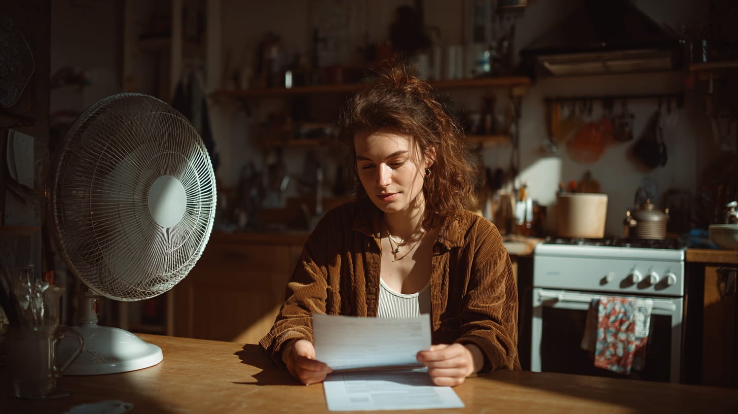 Huurder leest huurcontract in warme kamer met ventilator op achtergrond