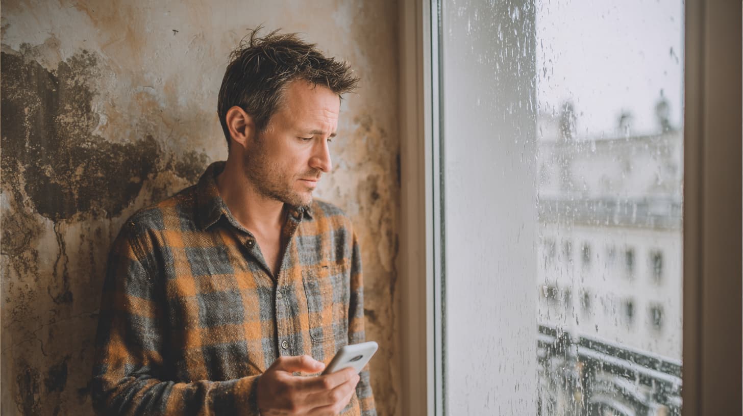 Huurder bekijkt waterschade bij raam tijdens regen
