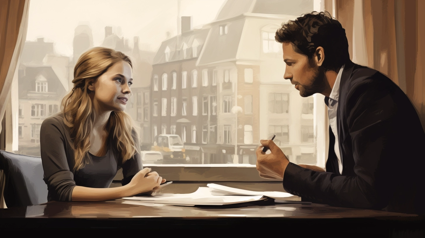 Vrouwelijke huurder is in gesprek met !Woon in Amsterdam om advies in te winnen over haar rechten als huurder Vrouwelijke huurder is in gesprek met !Woon in Amsterdam om advies in te winnen over haar rechten als huurder