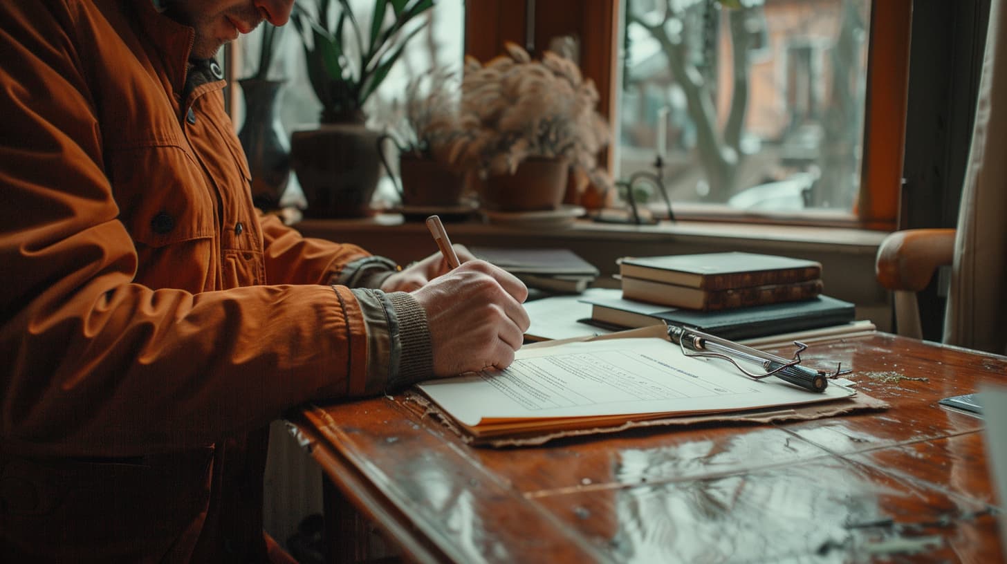 Een huurder met een oranje jas schrijft de afspraken die hij heeft gemaakt met de verhuurder schriftelijk op.