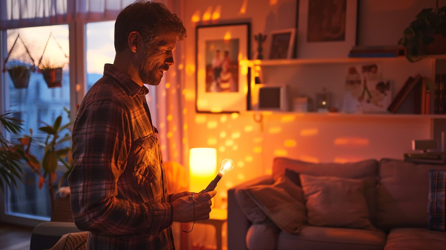 Huurder staat in een warm verlichte kamer en vervangt een lampje. Huurder staat in een warm verlichte kamer en vervangt een lampje.