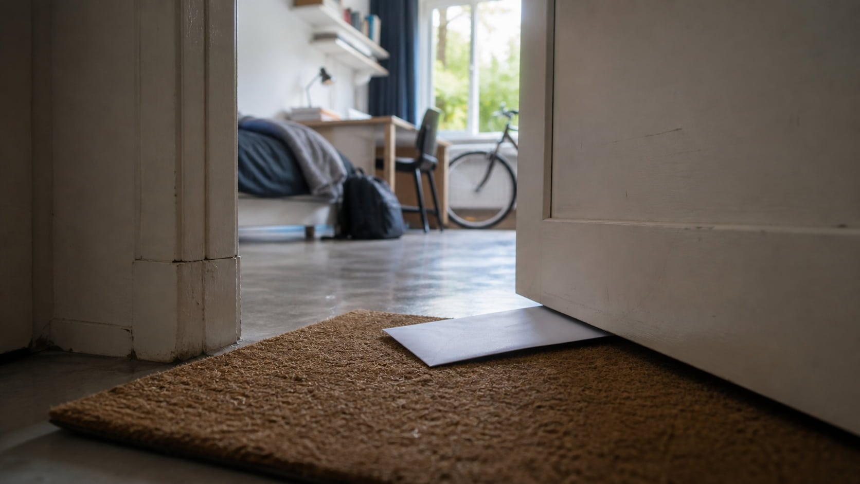 Brief over huurverhoging ligt onder de deur van een studentenkamer met bureau en fiets op de achtergrond.