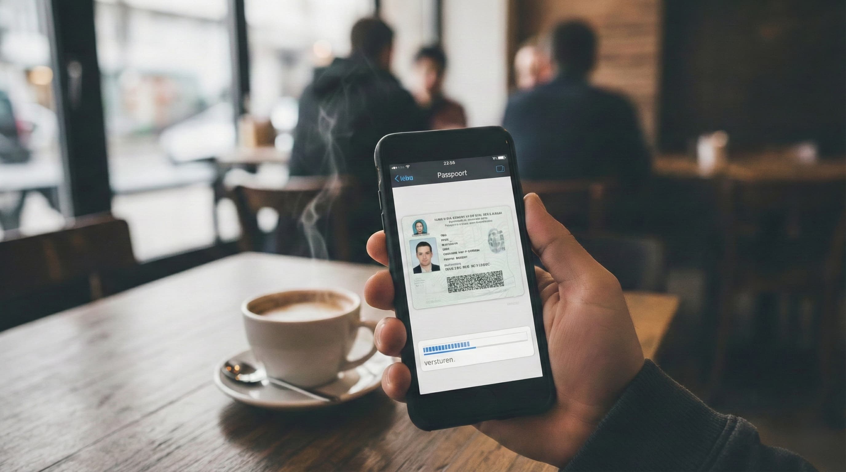 Smartphone scherm toont het versturen van een paspoortkopie