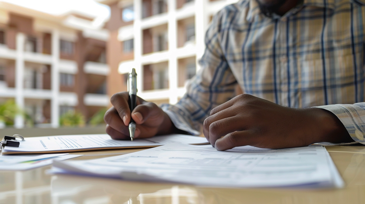 Een donkere man ondertekend een aantal papieren Een donkere man ondertekend een aantal papieren