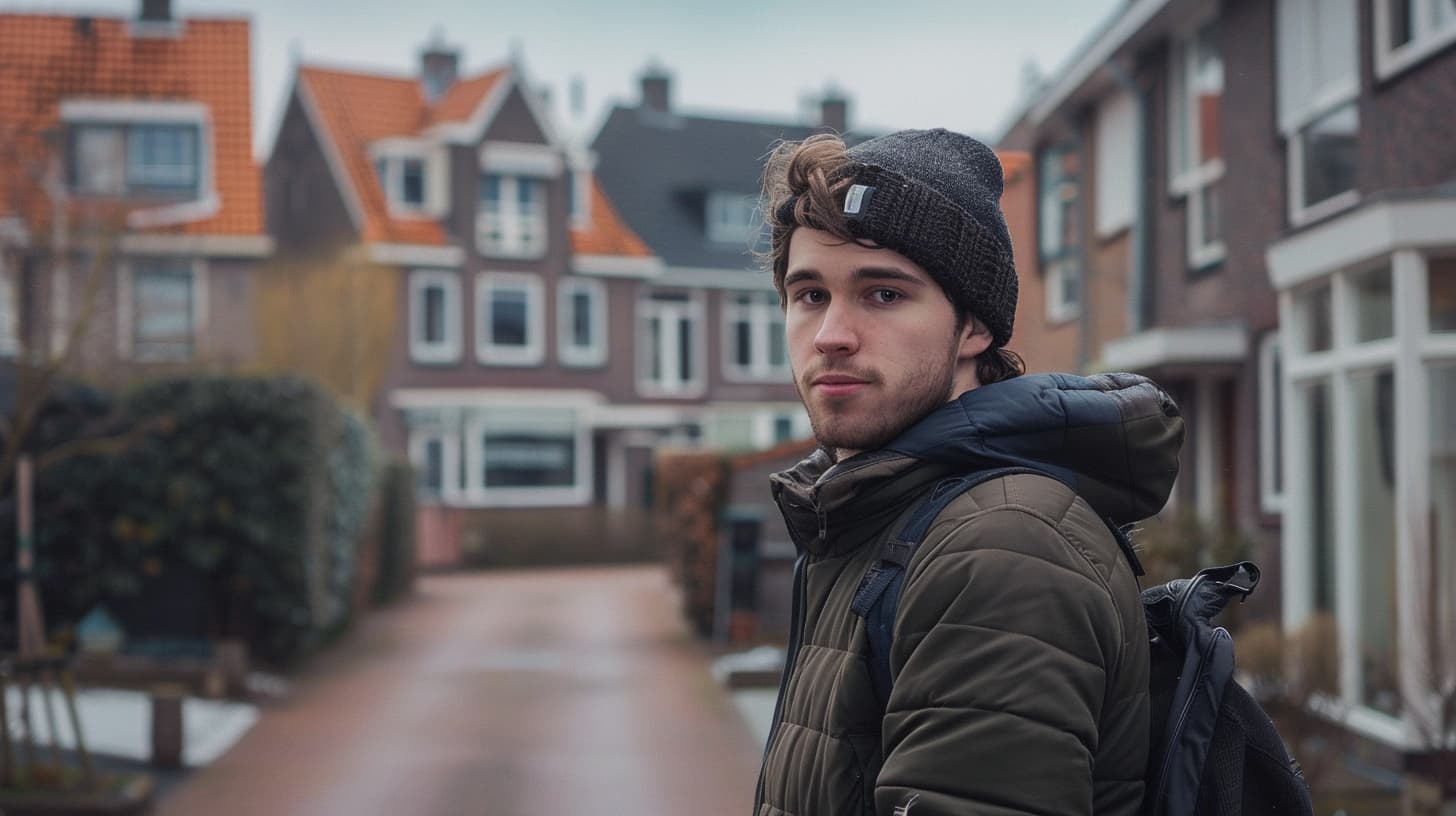 Bezorgde jongman met muts staat voor zijn huurwoning. Bezorgde jongman met muts staat voor zijn huurwoning.