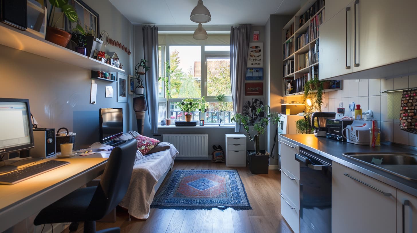 Een kleine jongerenwoning met een keuken, een bureau met computer, een bed en kastruimte.