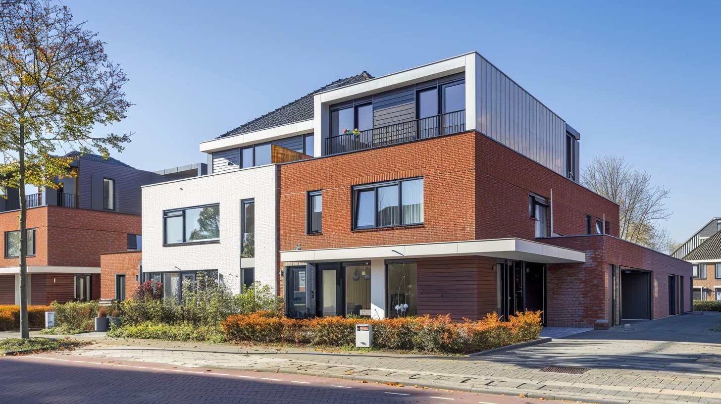 Een moderne kangoeroewoning met rode stenen en wit hout in een moderne woonwijk tegen strak blauwe lucht.