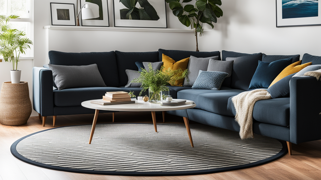 Een rond vloerkleed in een huurwoning onder een hoekbank. Een rond vloerkleed in een huurwoning onder een hoekbank.