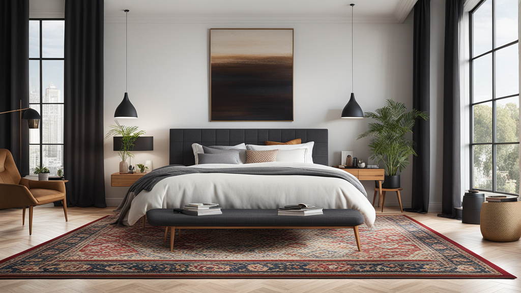 Een vloerkleed dat compleet onder het bed zit, met voldoende bedekte ruimte naast beide zijden van het bed. Een vloerkleed dat compleet onder het bed zit, met voldoende bedekte ruimte naast beide zijden van het bed.