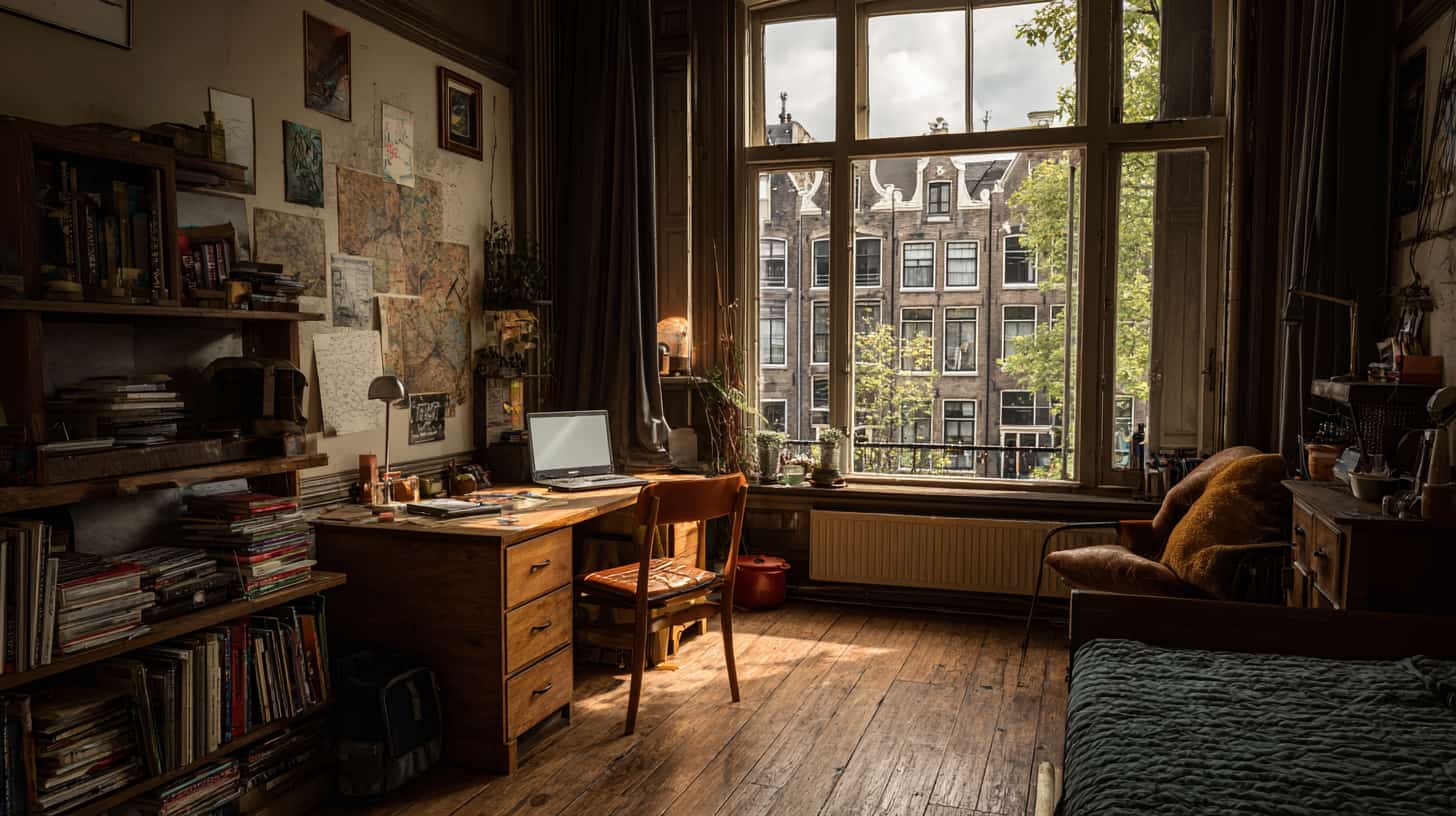 Knusse studentenkamer met vintage meubels, studieboeken en uitzicht op historische gebouwen.
