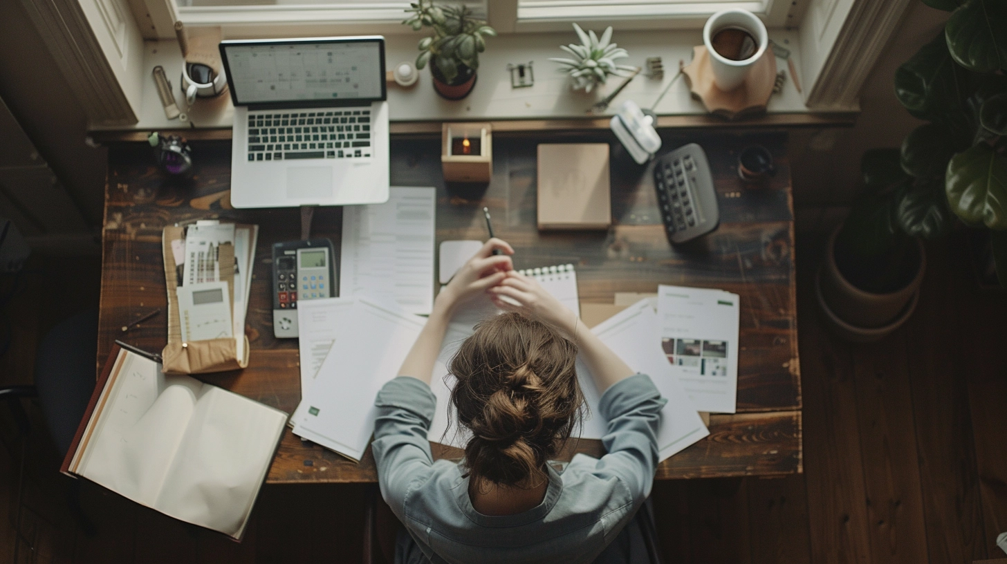 Vrouw aan een bureau die kosten in kaart brengt Vrouw aan een bureau die kosten in kaart brengt