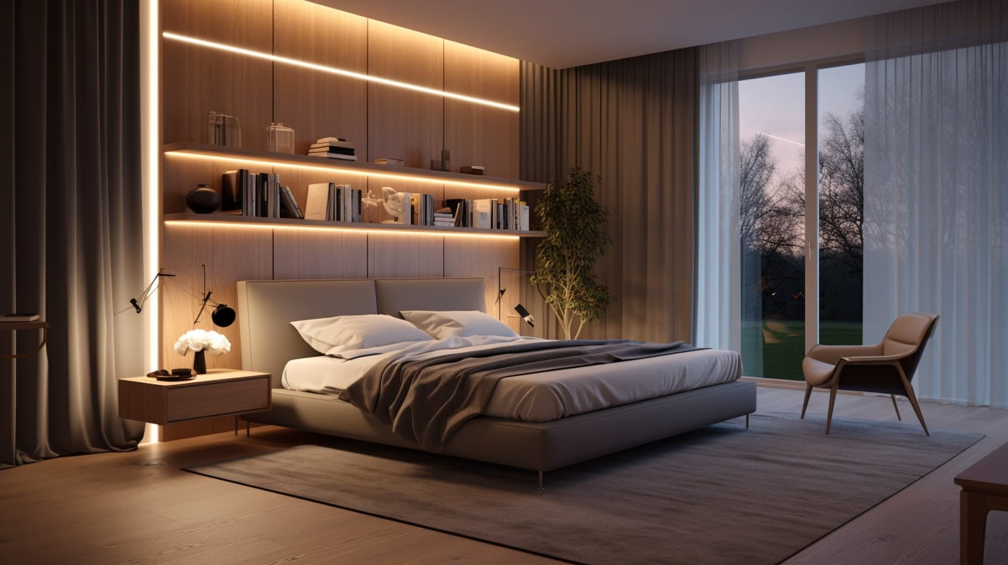 Slaapkamer met sfeerverlichting en ledstrips. Slaapkamer met sfeerverlichting en ledstrips.