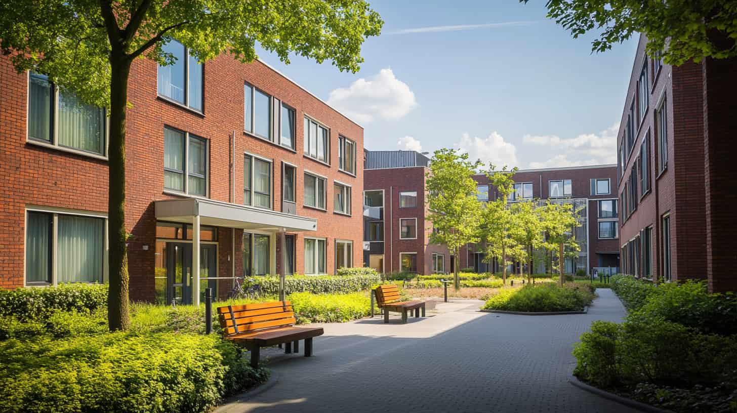Modern seniorencomplex met brede entree en groene omgeving in Nederland
