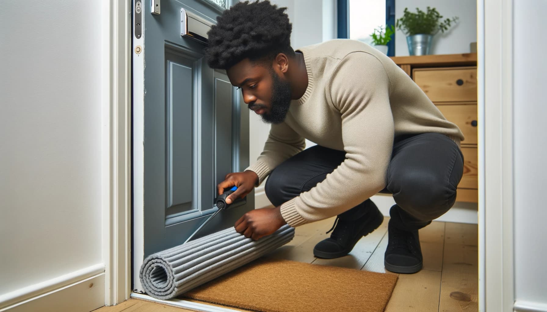 Man bevestigt een tochtstrip aan de onderkant van de voordeur van een gehuurd huis.