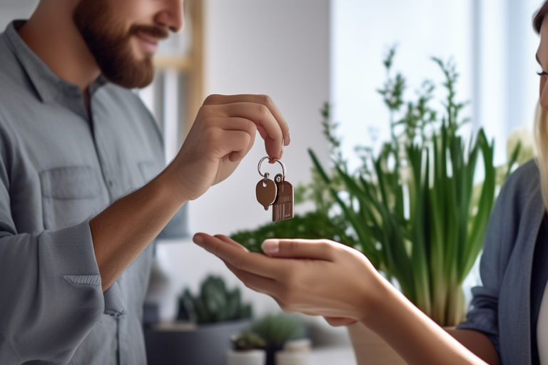 Een jongeman en vrouw houden sleutels vast van hun nieuwe huis