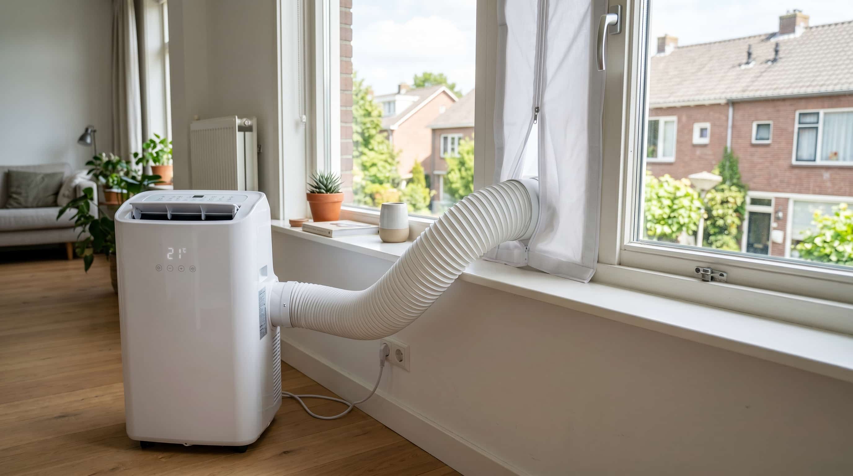 Mobiele airco met afvoerslang en raamafdichting