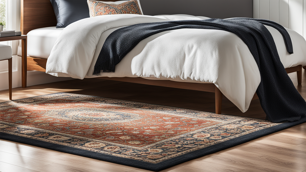 Een vloerkleed in een huurwoning naast het bed. Een vloerkleed in een huurwoning naast het bed.
