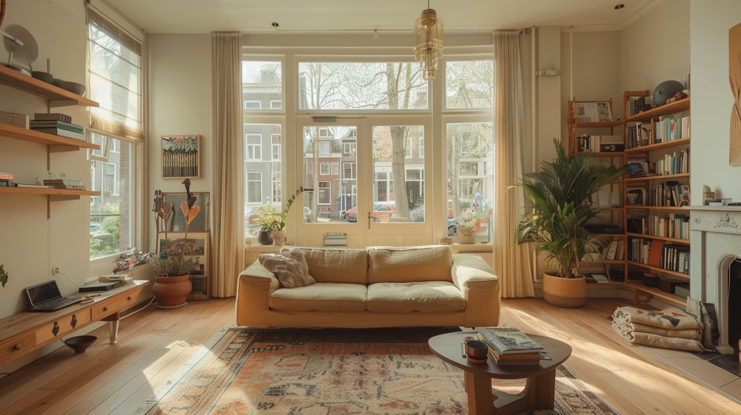 Een typisch Nederlandse woonkamer met een bank in het midden Een typisch Nederlandse woonkamer met een bank in het midden