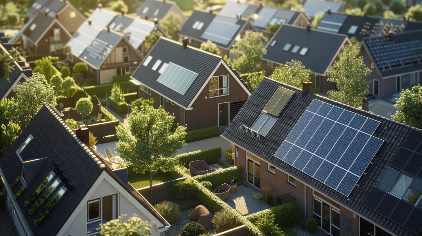 Een wijk in Nederland met nul-op-de-meter woningen en zonnepanelen op het dak