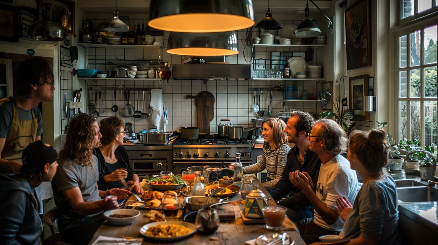Een groep vrienden eet aan een keukentafel die vol staat met verschillende gerechten Een groep vrienden eet aan een keukentafel die vol staat met verschillende gerechten