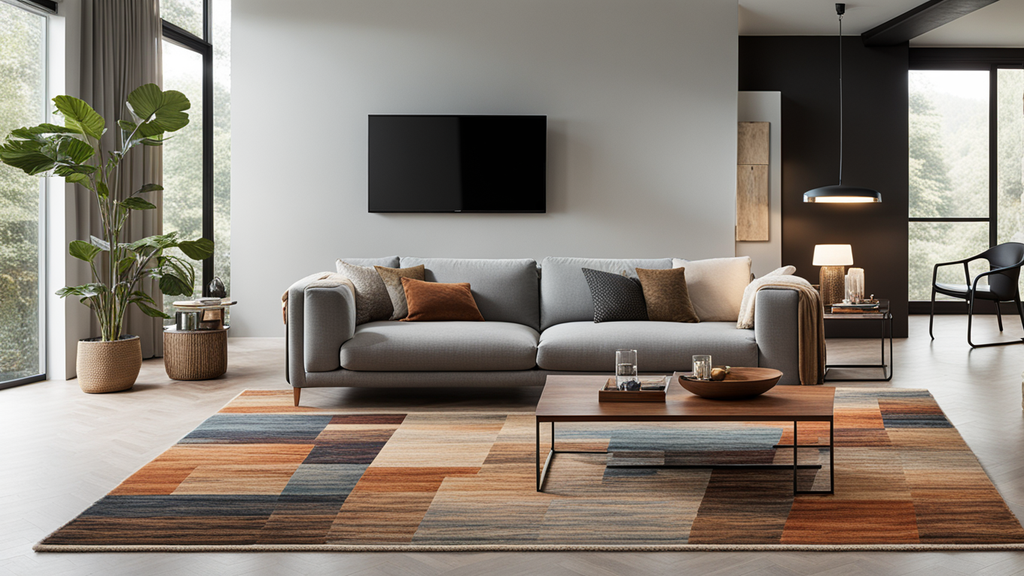 Een vloerkleed in een huurwoning dat compleet onder een bank zit, en ook de salontafel omvat. Een vloerkleed in een huurwoning dat compleet onder een bank zit, en ook de salontafel omvat.